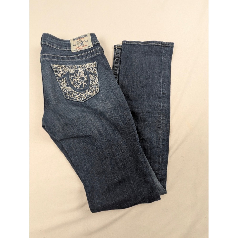 True Religion Straight Leg Jeans Blue‎ Floral Embroidered Pocket Womens 30x31.5